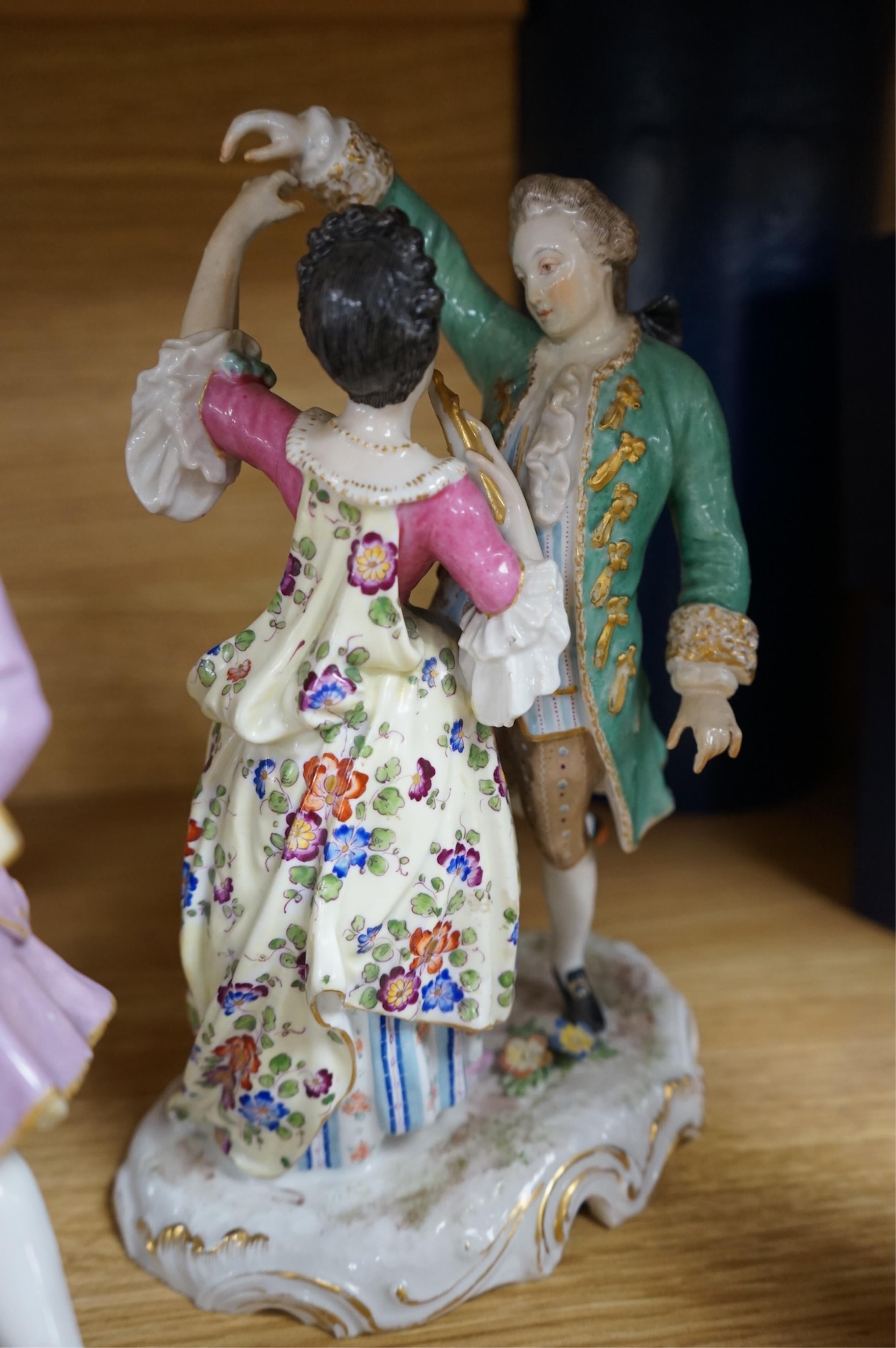 Late 19th century figure groups, including a pair of Samson dancing figures, pair of figures with chicken, pair of Royal Dux Rosenthal and another pair (9), tallest 25cm